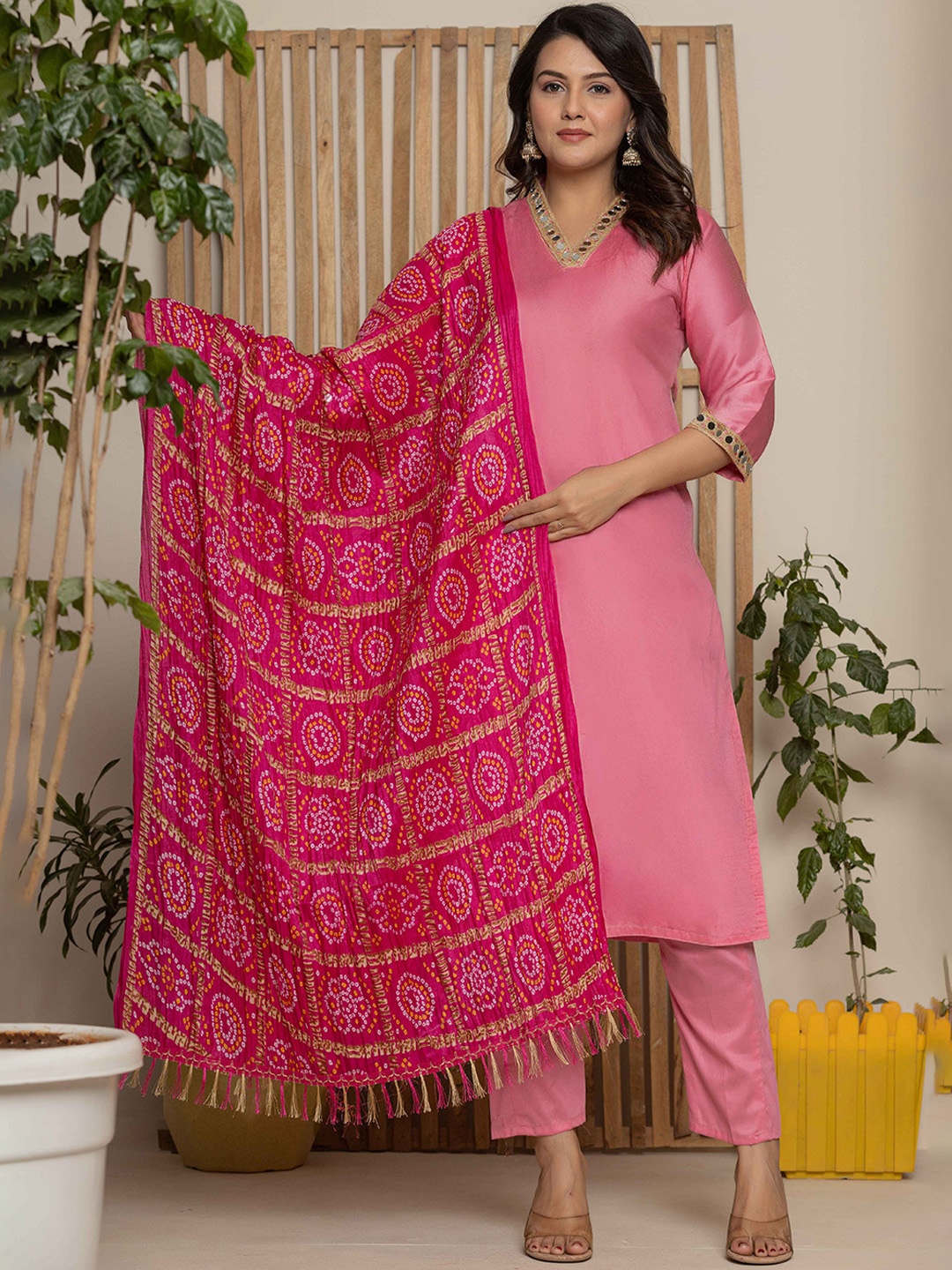 

Fabmoha MIrror Work V-Neck Straight Kurta With Trousers And Dupatta, Pink