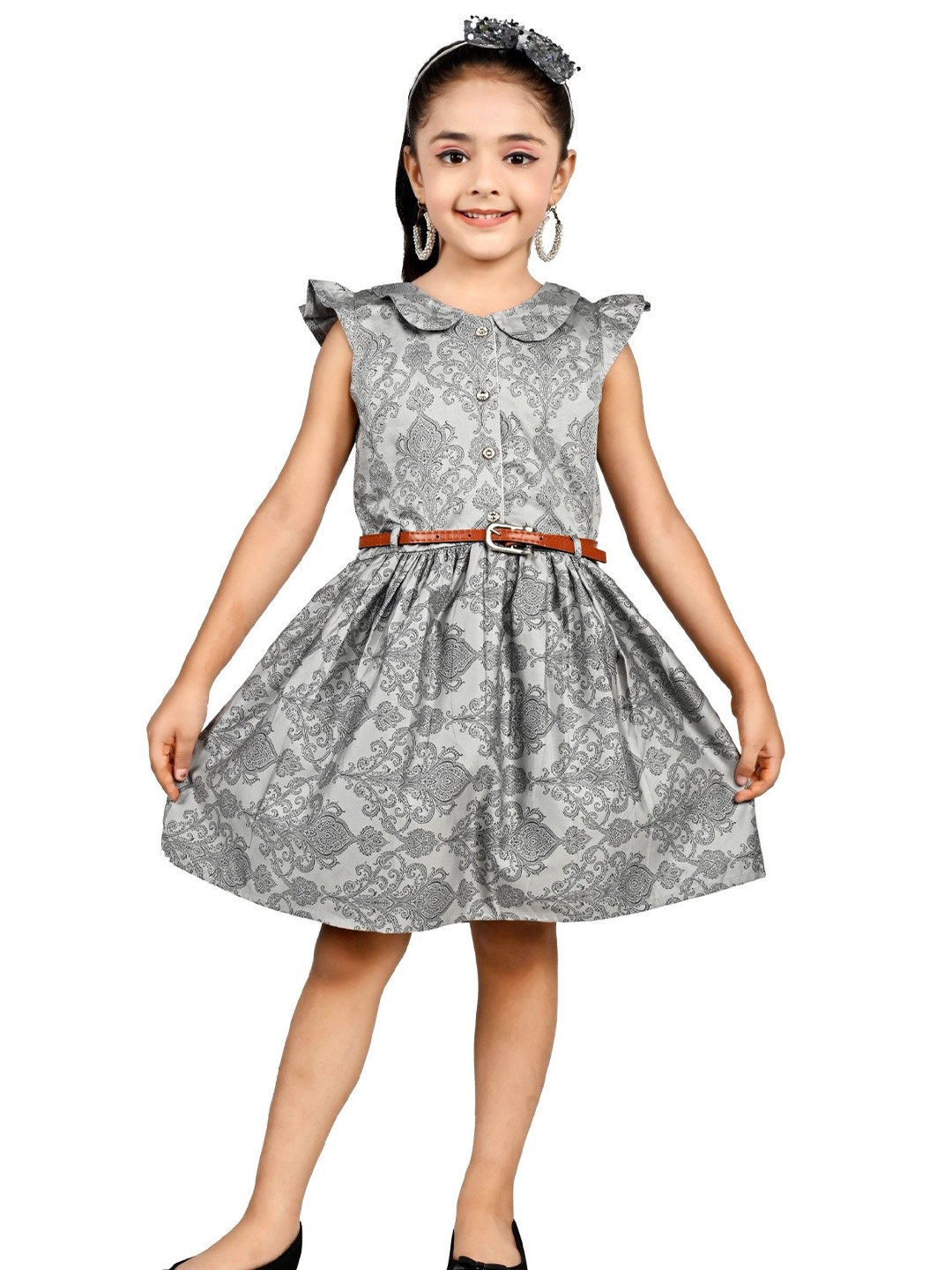 

Miss & Chief Girls Printed Cotton Fit and Flare Dress, Grey