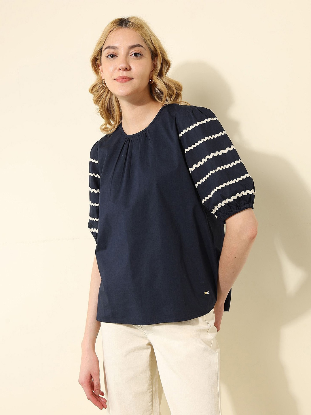 

U.S. Polo Assn. Women Round Neck Puff Sleeves Pure Cotton Top, Navy blue