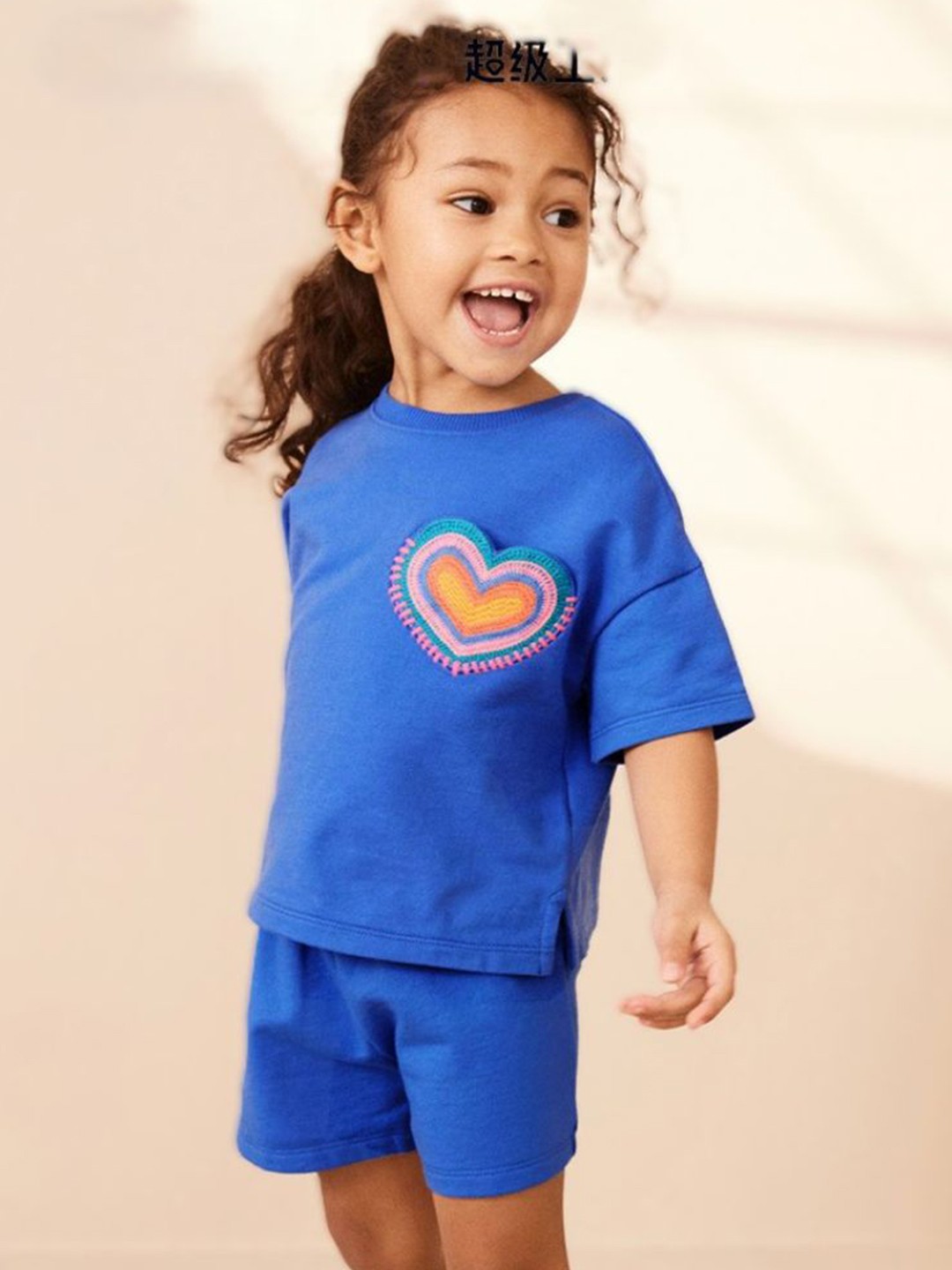 

YK Girls Heart Embroidered Pure Cotton T-shirt With Shorts, Blue