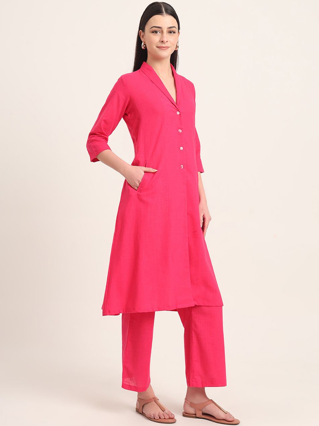 

Thevasa Boho Harmony V-Neck Flared Cotton Kurta, Pink