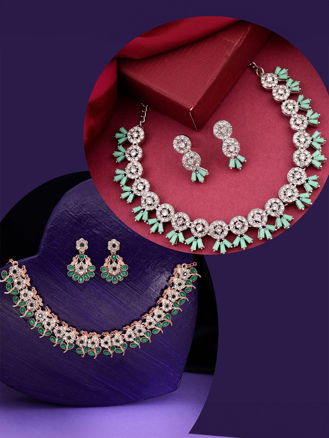 

DIVASTRI Set Of 2 Silver Plated American Diamond Studded Jewellery Set