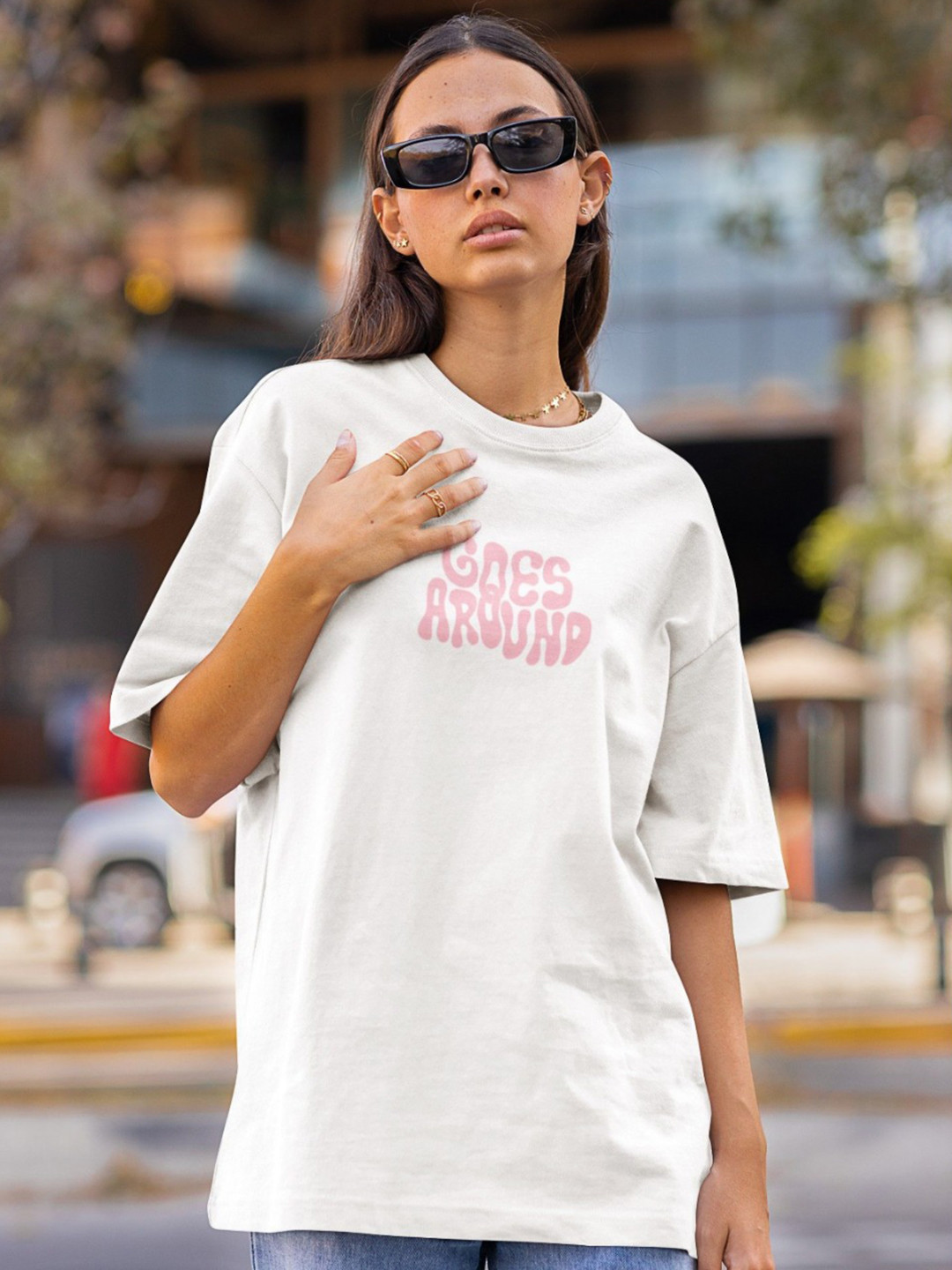 

TheBTclub Women Activchill Typography Printed Round Neck Cotton Oversized T-shirt, White