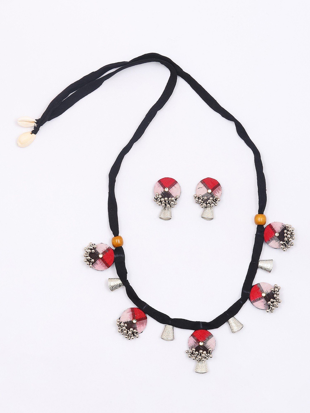 

Exotic India Beaded Handloom Sambalpuri Fabric Necklace with Earrings Set & Jingling Bells, Silver