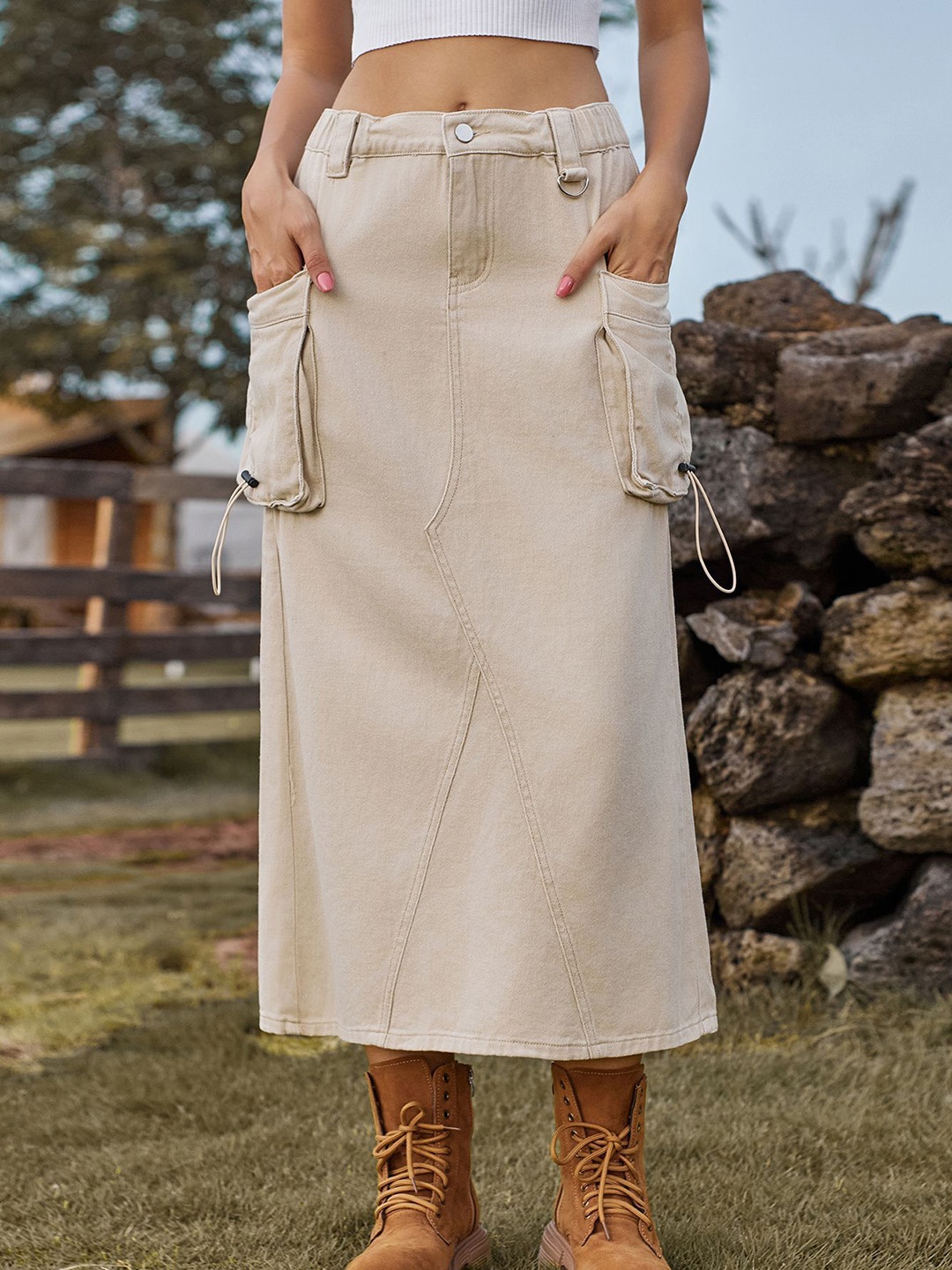 

StyleCast Denim A-Line Midi Skirt, Beige