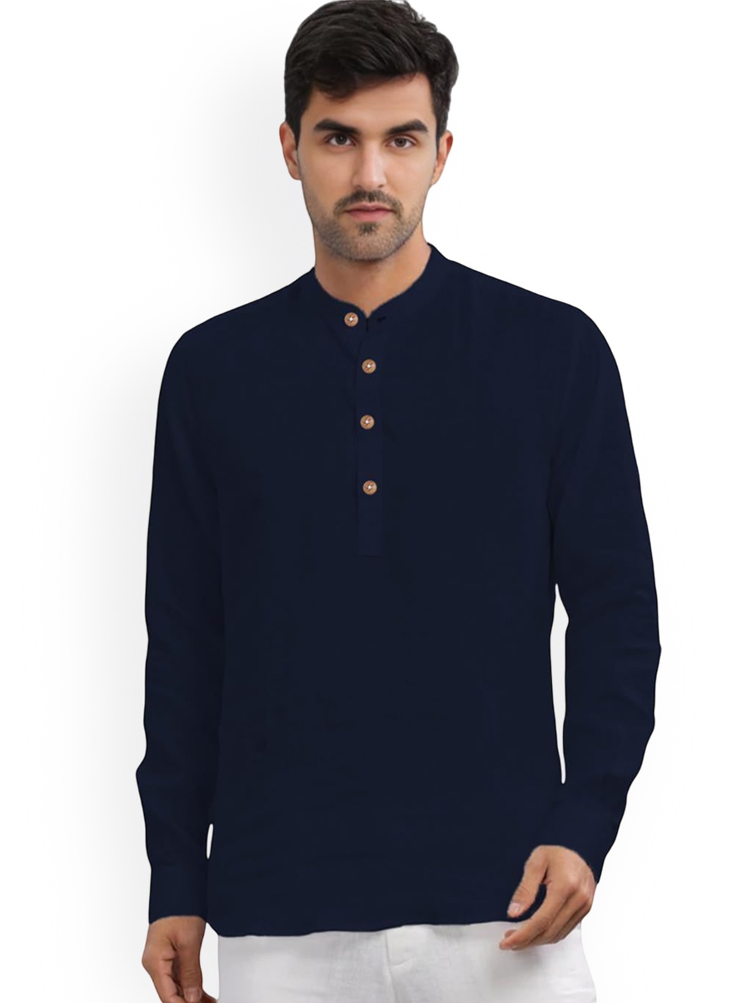 

Vida Loca Band Collar Cotton Straight Short Kurta, Navy blue