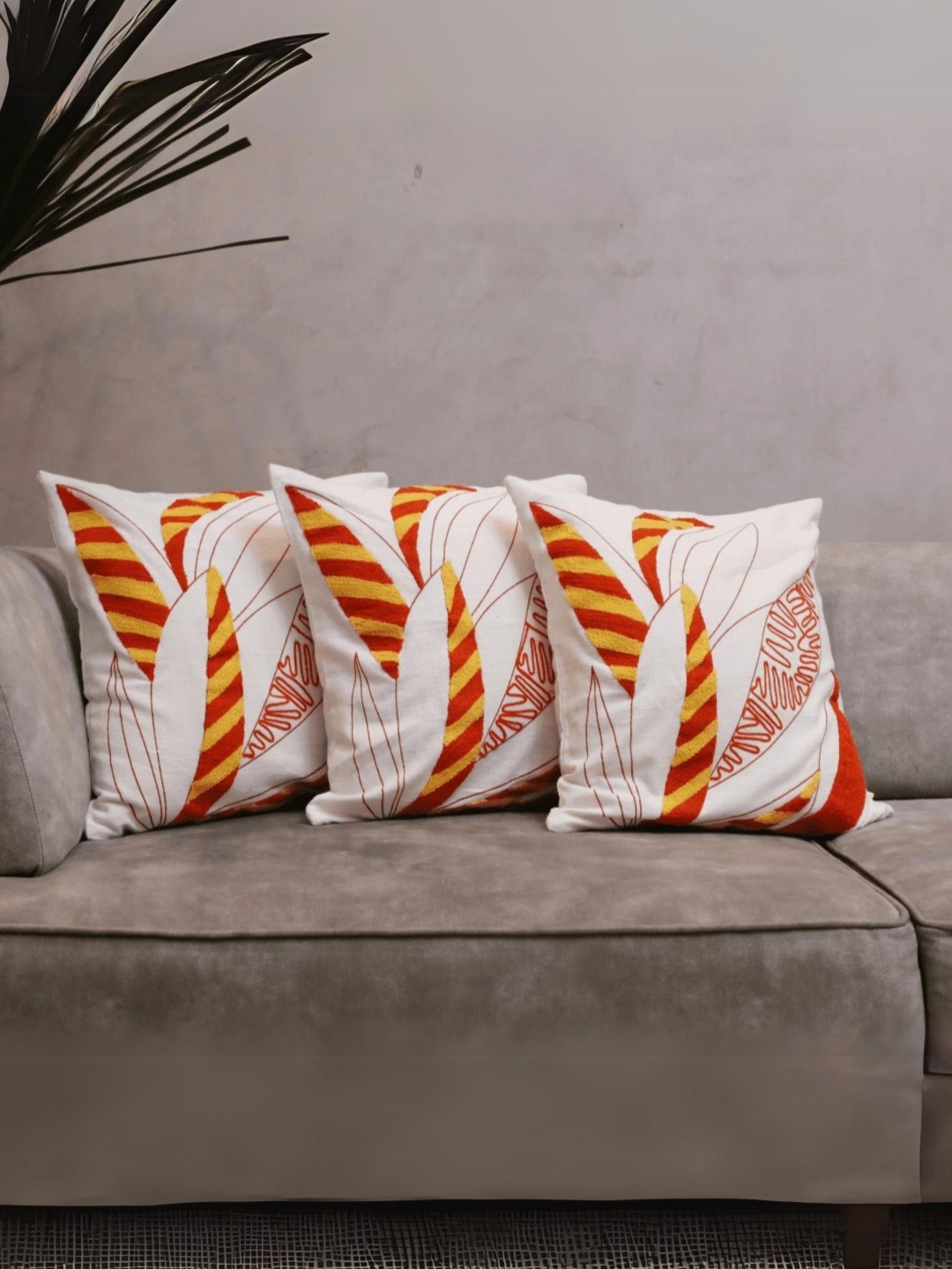 

LUSHLYF White & Yellow 3 Pieces Floral Printed Cotton Square Cushion Covers