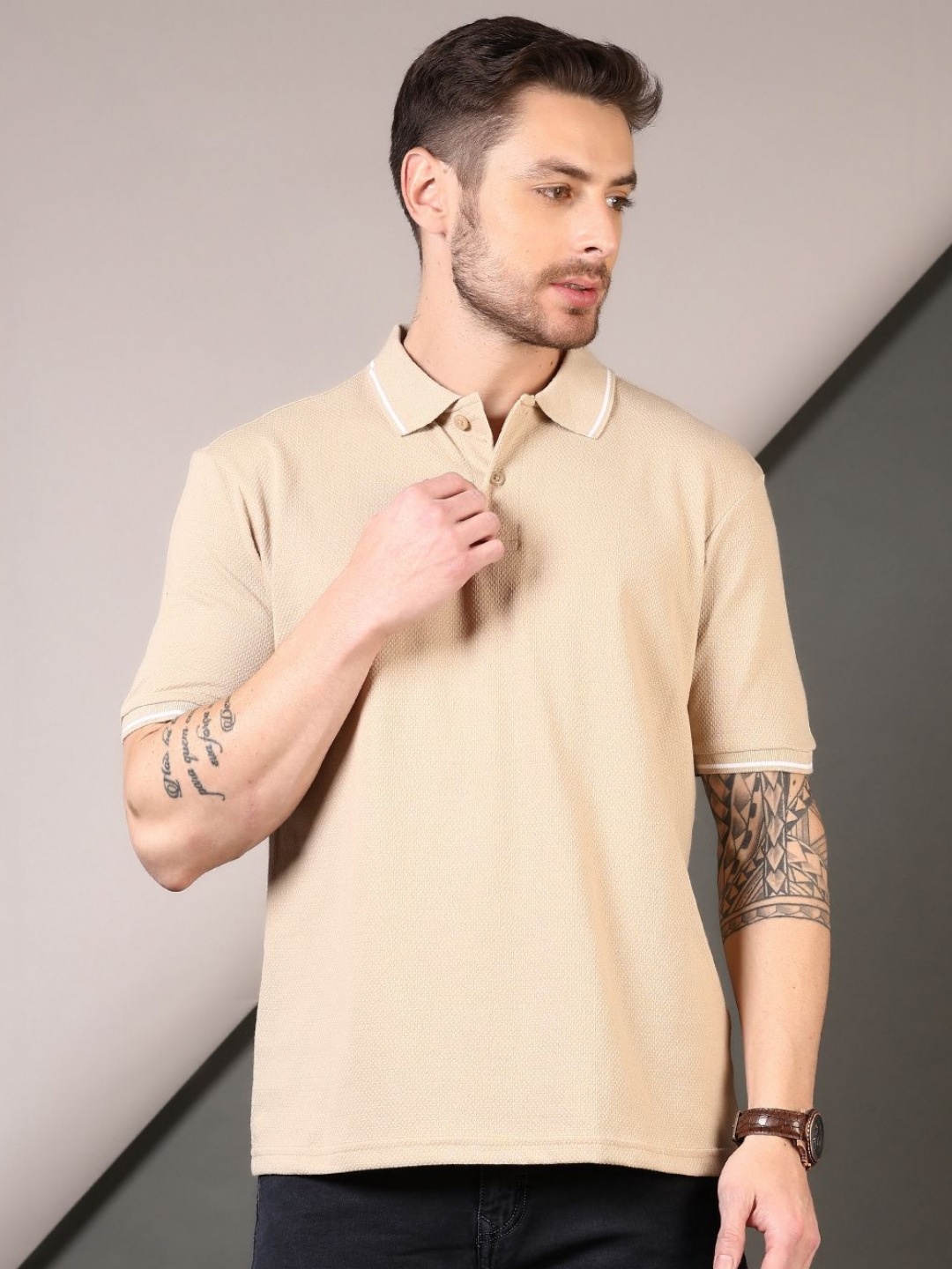 

V-Mart Men Solid Polo Collar Cotton T-shirt, Beige