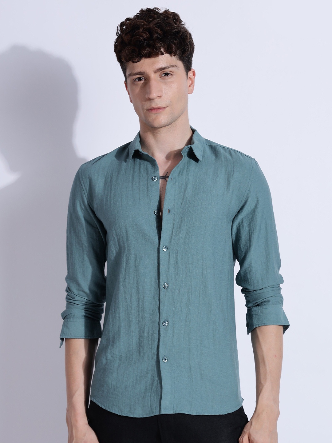 

NEVER NEUD Men Lucas Look Linen Regular Slim Fit Casual Shirt, Teal