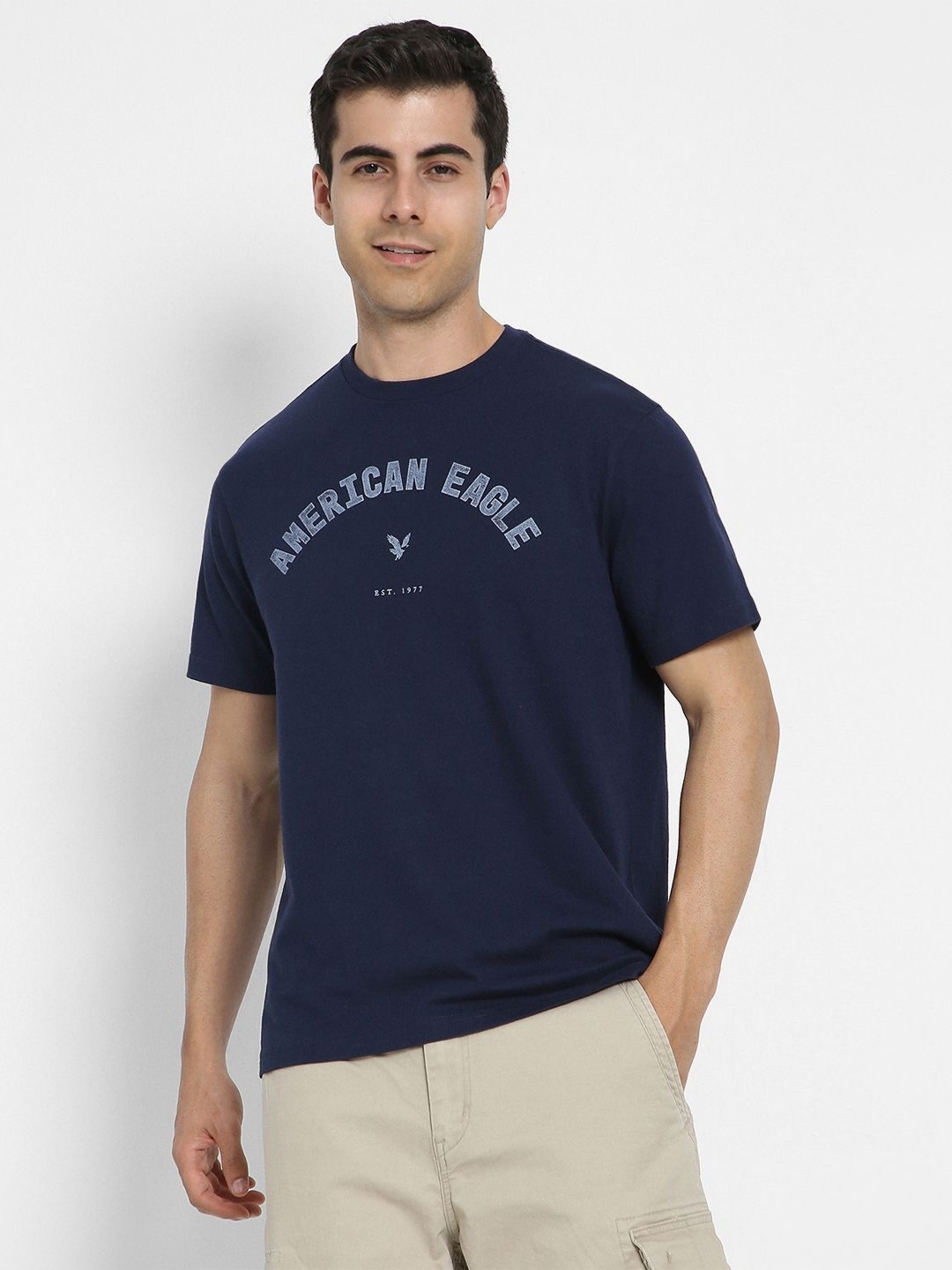 

AMERICAN EAGLE OUTFITTERS Men Typography Printed Round Neck Cotton T-shirt, Navy blue