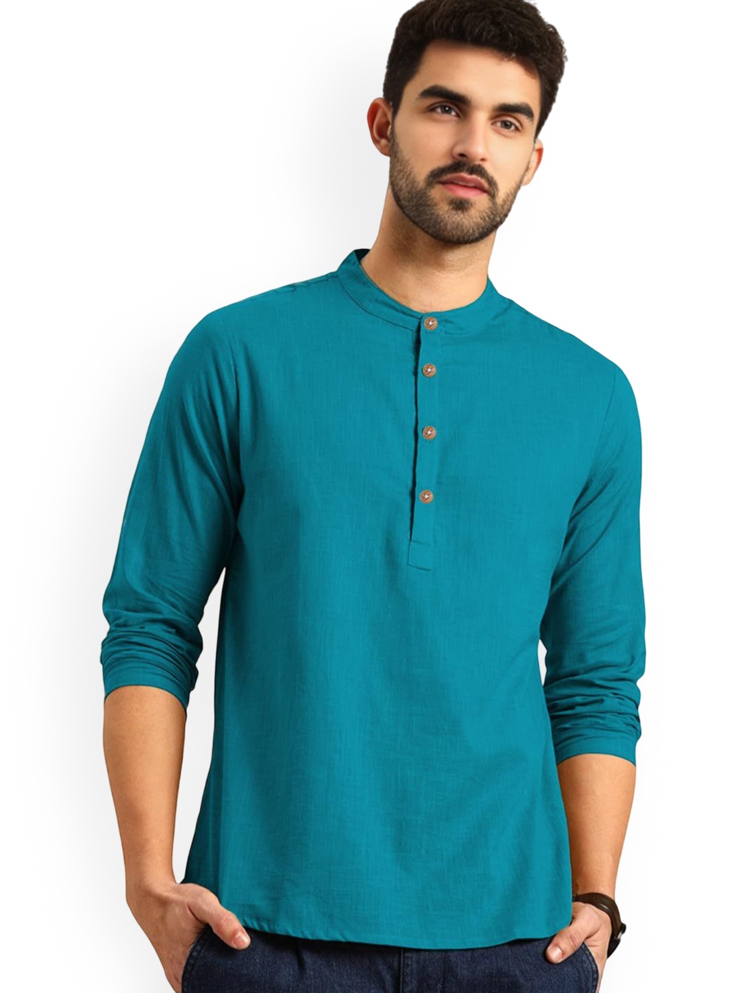 

Vida Loca Band Collar Rolled-Up Sleeves Slim Fit Pure Cotton Short Kurta, Turquoise blue