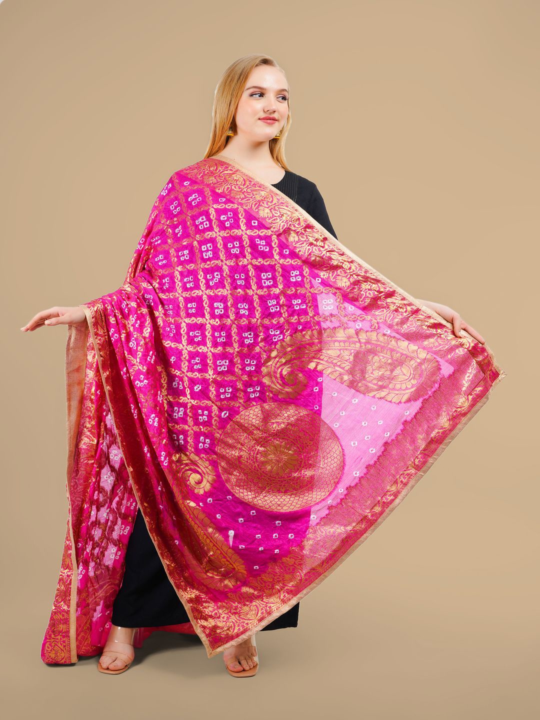 

Karthav Fashion Bandhani Woven Design Silk Dupatta With Zari, Pink