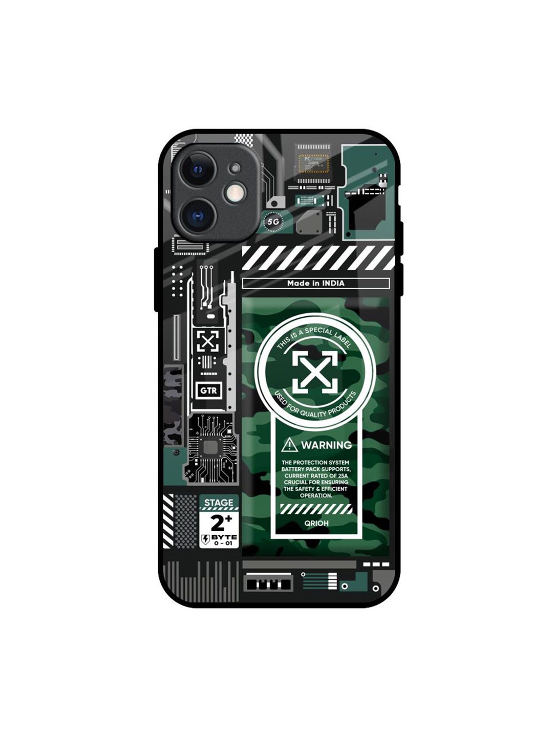 

QRIOH Green Camo Circuit Printed iPhone 11 Back Case, Black