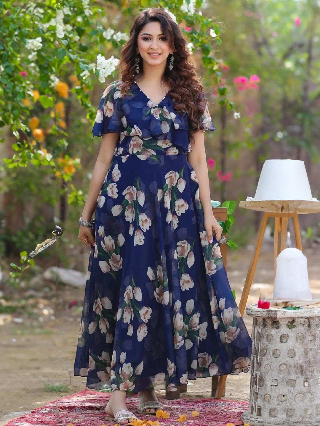 

BAESD Floral Print Georgette Maxi Dress, Navy blue