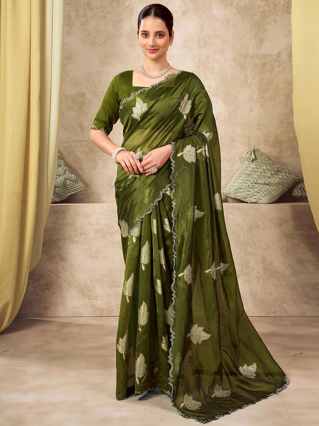 

Mitera Woven Design Zari Silk Blend Designer Saree, Olive