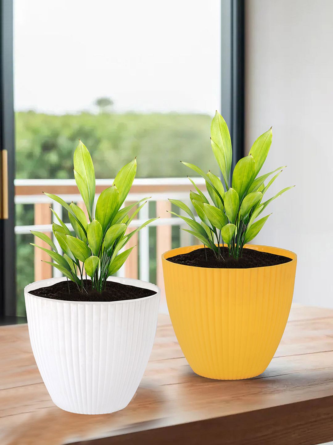 

Kuber Industries White & Yellow 2 Pieces Textured Durable Planters