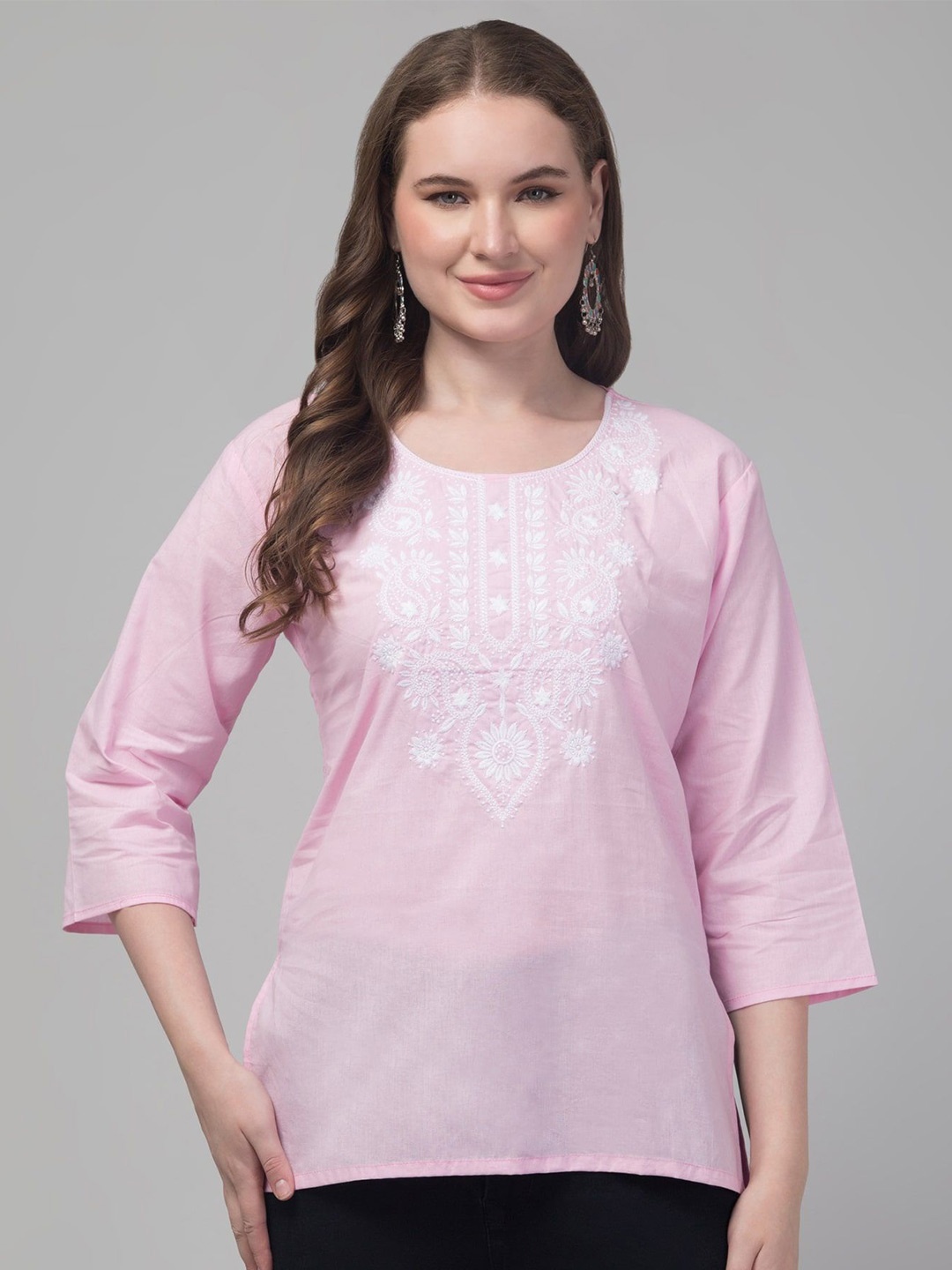 

FAMBEE Women Floral Embroidered Thread Work Pure Cotton Thread Work Kurti, Mauve