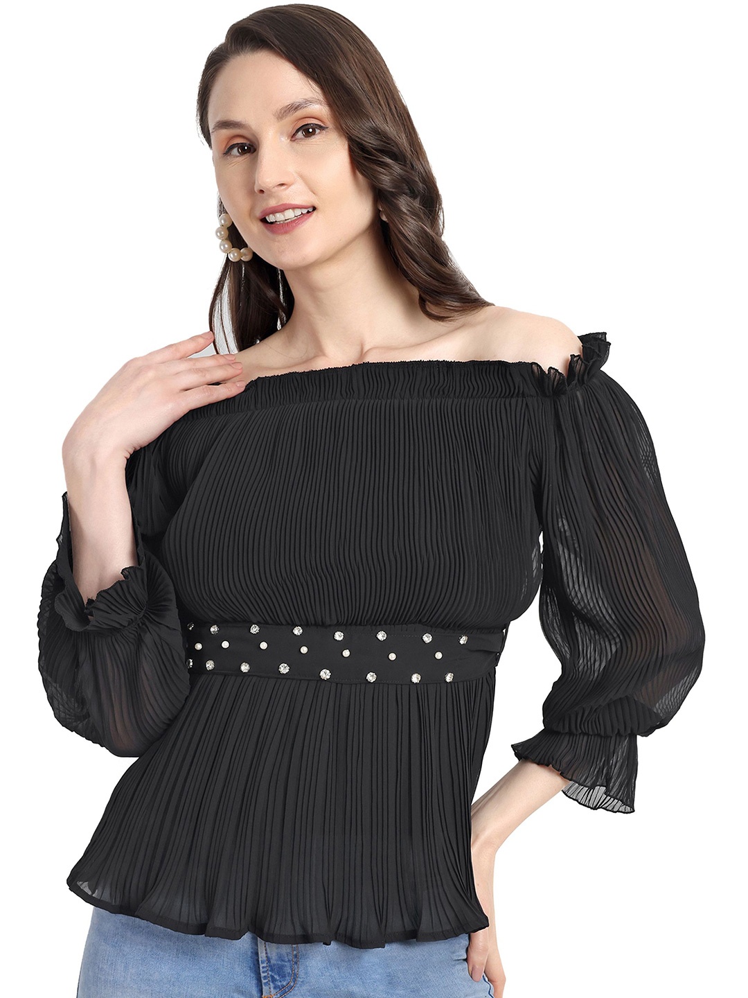 

HAUTEMODA Off-Shoulder Georgette Bardot Top, Black