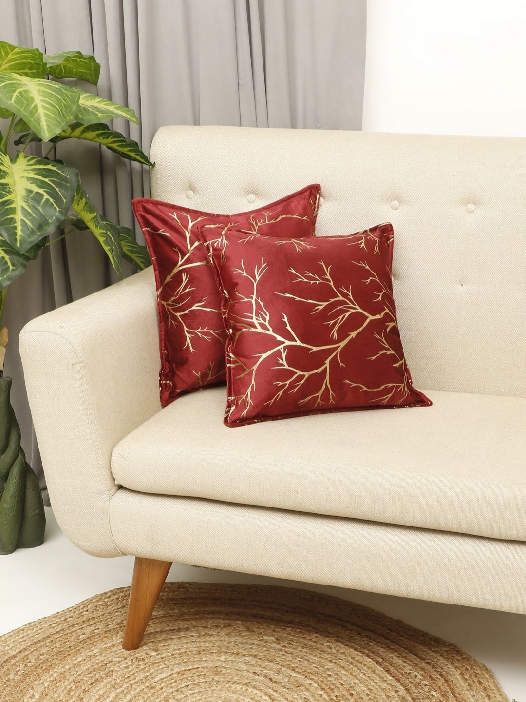 

THE CONVERSION Maroon 2 Pieces Floral Foil Printed Velvet Square Cushion Covers