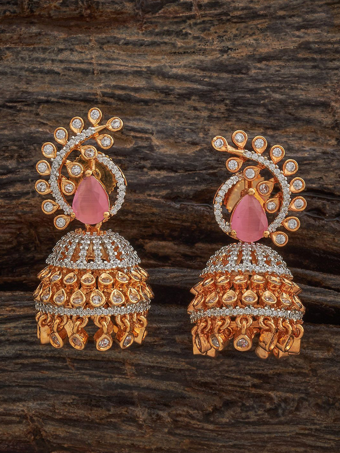 

Kushal's Fashion Jewellery Rodium-Gold Plated Zircon Studded Dome Shaped Jhumkas Earrings