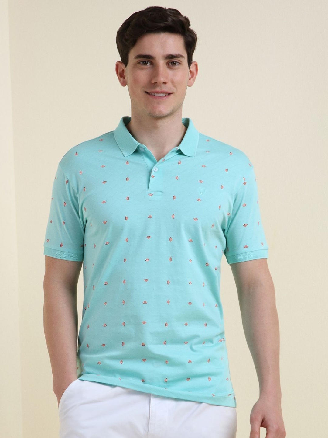 

Allen Solly Men Conversational Printed Polo Collar Cotton T-shirt, Sea green