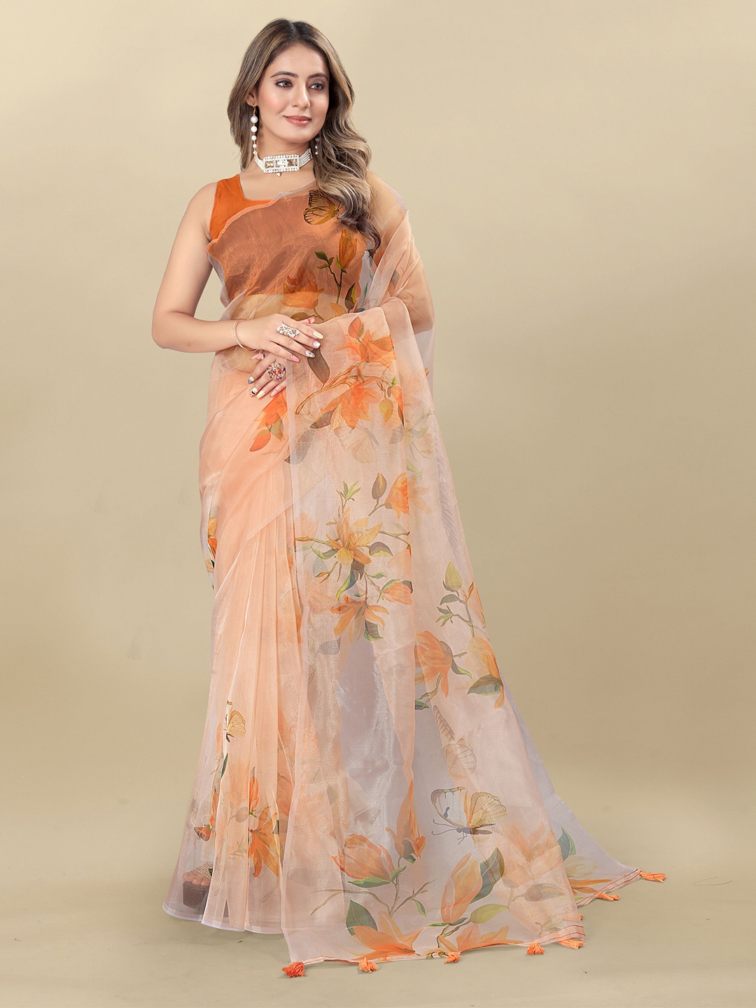 

DIVASTRI Floral Organza Saree, Orange