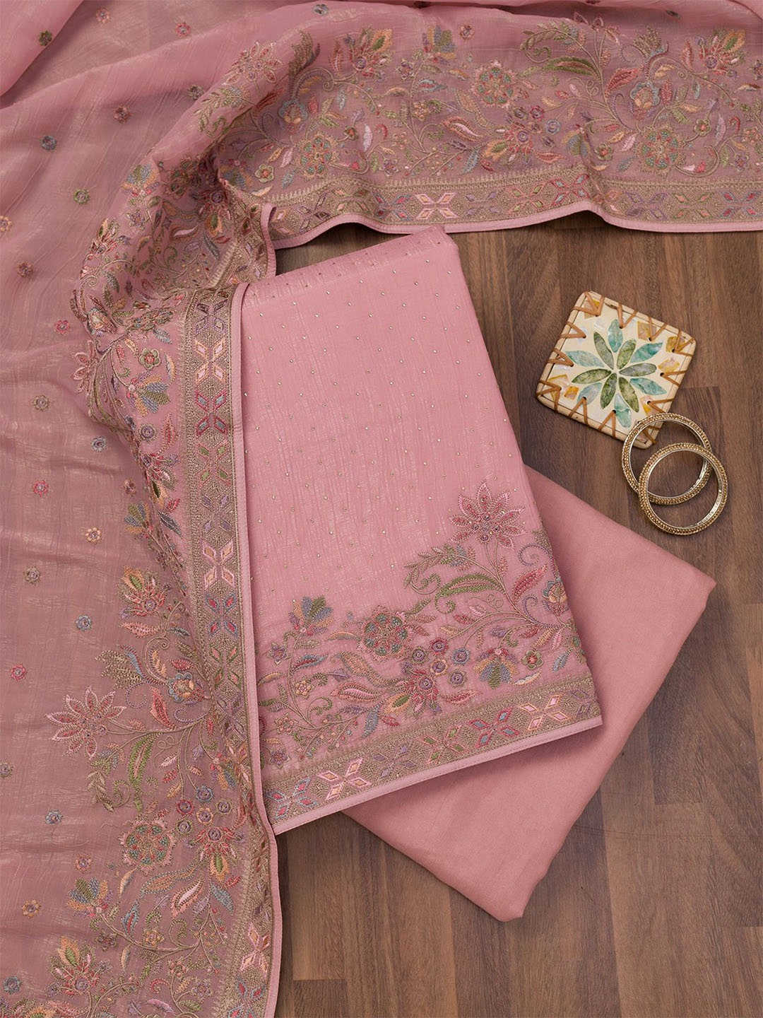 

Koskii Ethnic Motifs Embroidered Beads and Stones Unstitched Dress Material, Pink