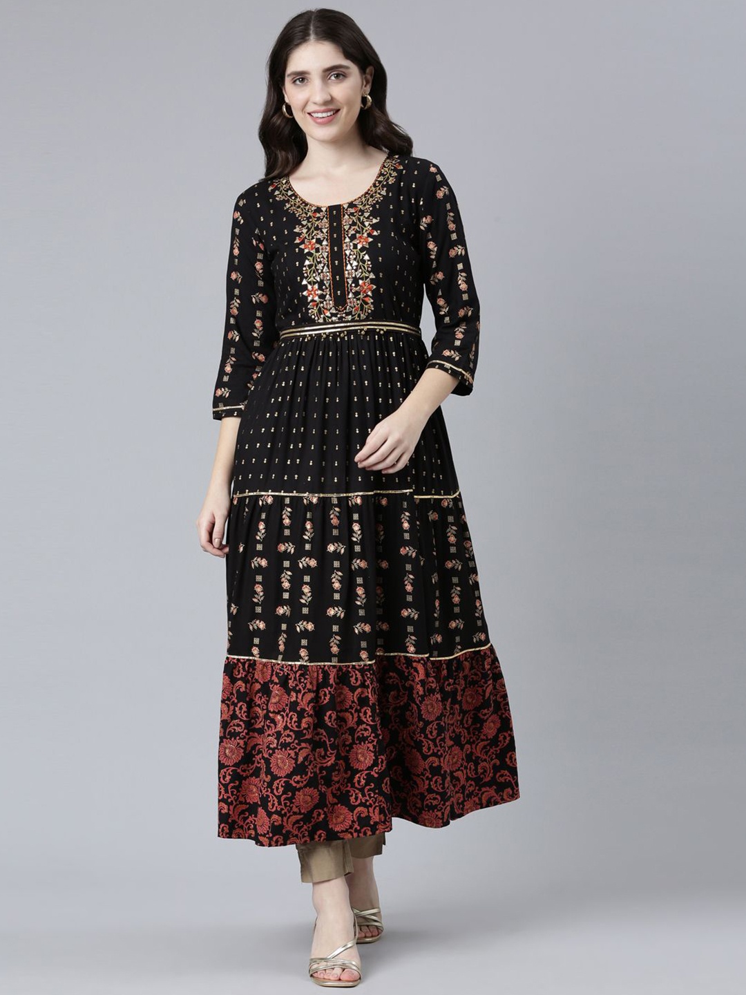 

Neerus Floral Embroidered Maxi Dress, Black