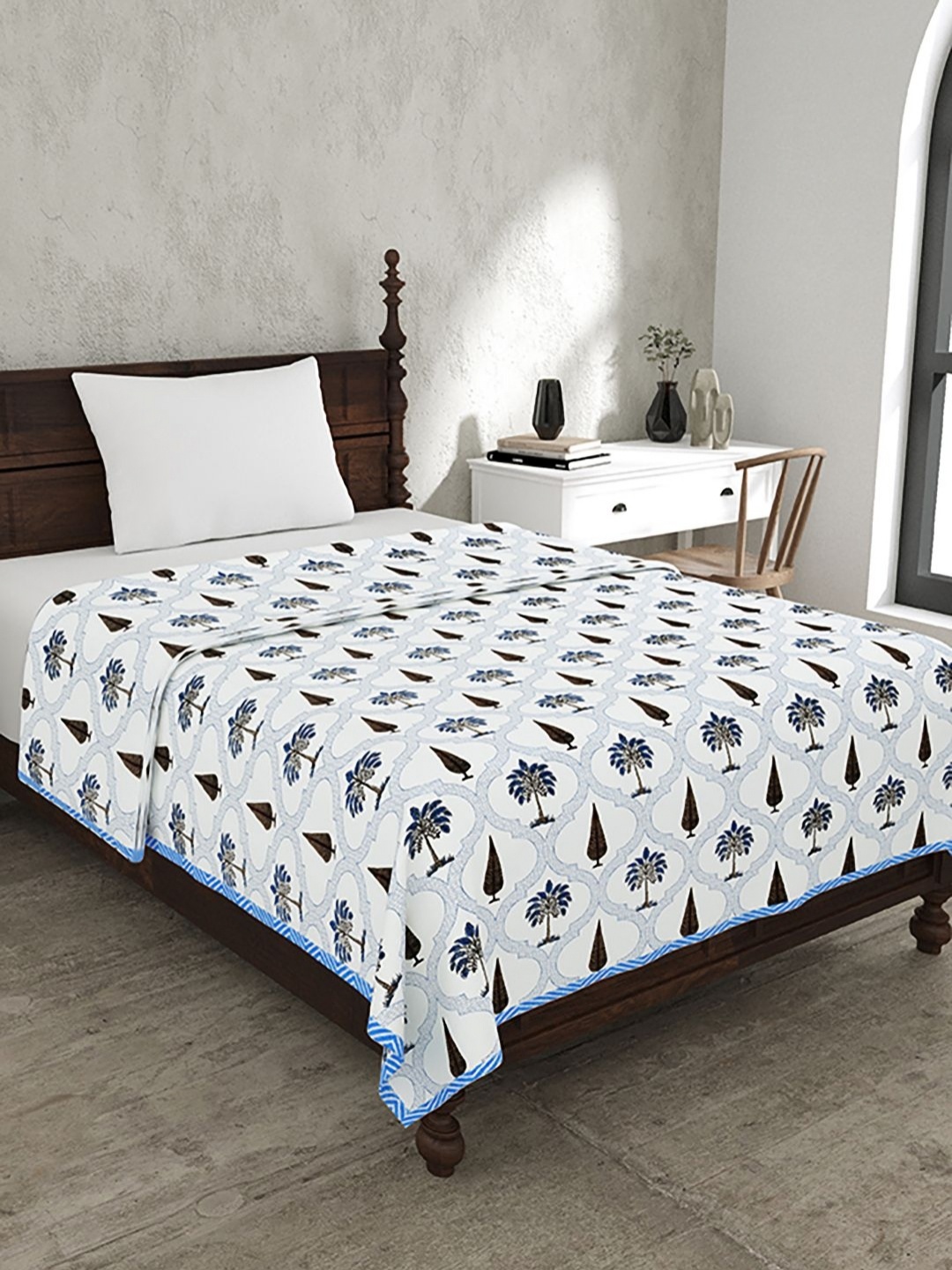 

BELLA CASA White & Blue Floral Printed Cotton 110 GSM AC Room Single Bed Dohar