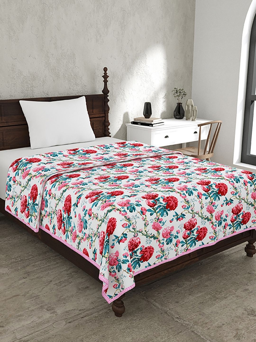 

BELLA CASA White & Green Floral Printed Cotton 110 GSM AC Room Single Bed Dohar