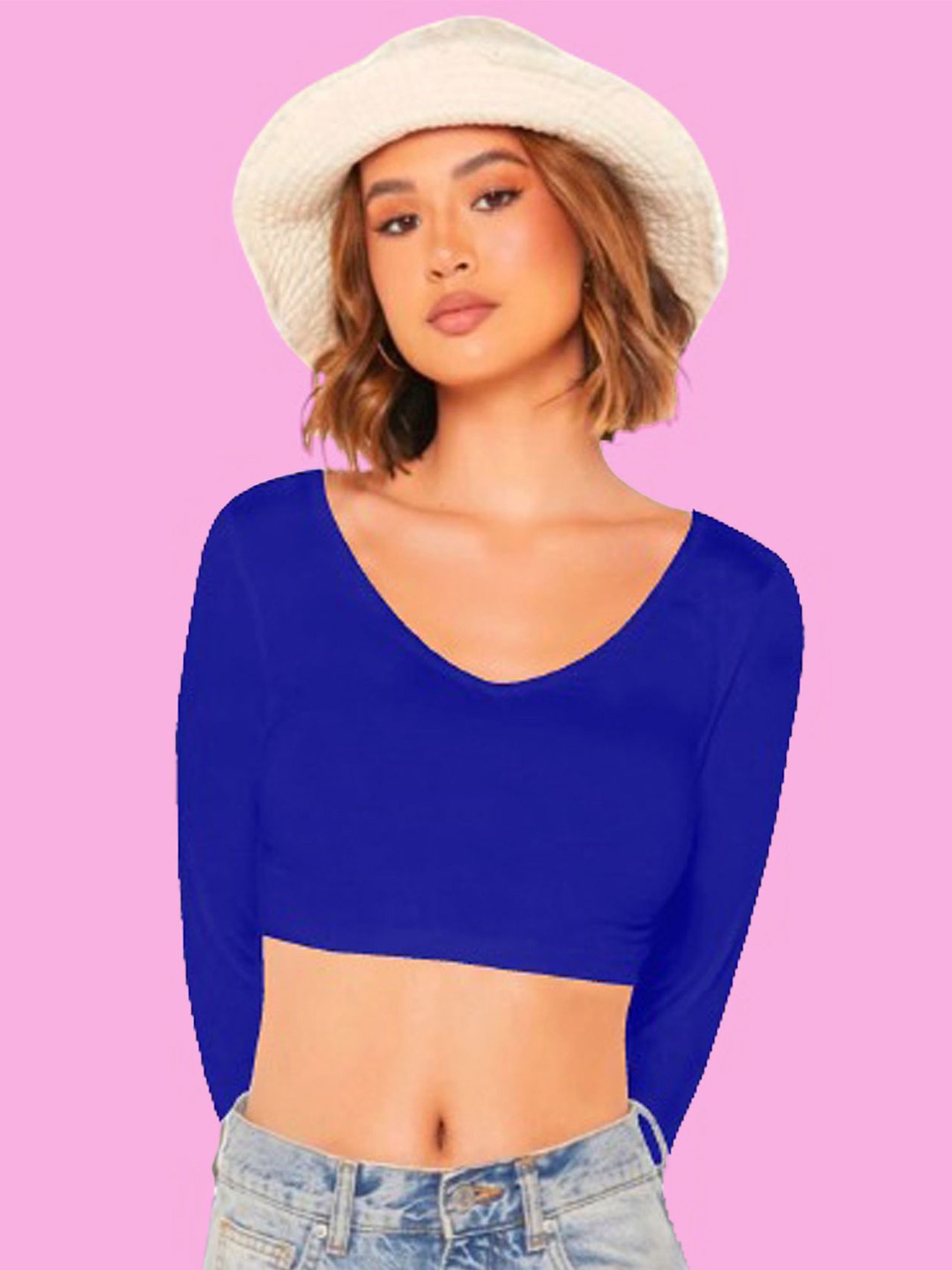 

Dream Beauty Fashion Women V-Neck Long Sleeves Fitted Crop Top, Blue