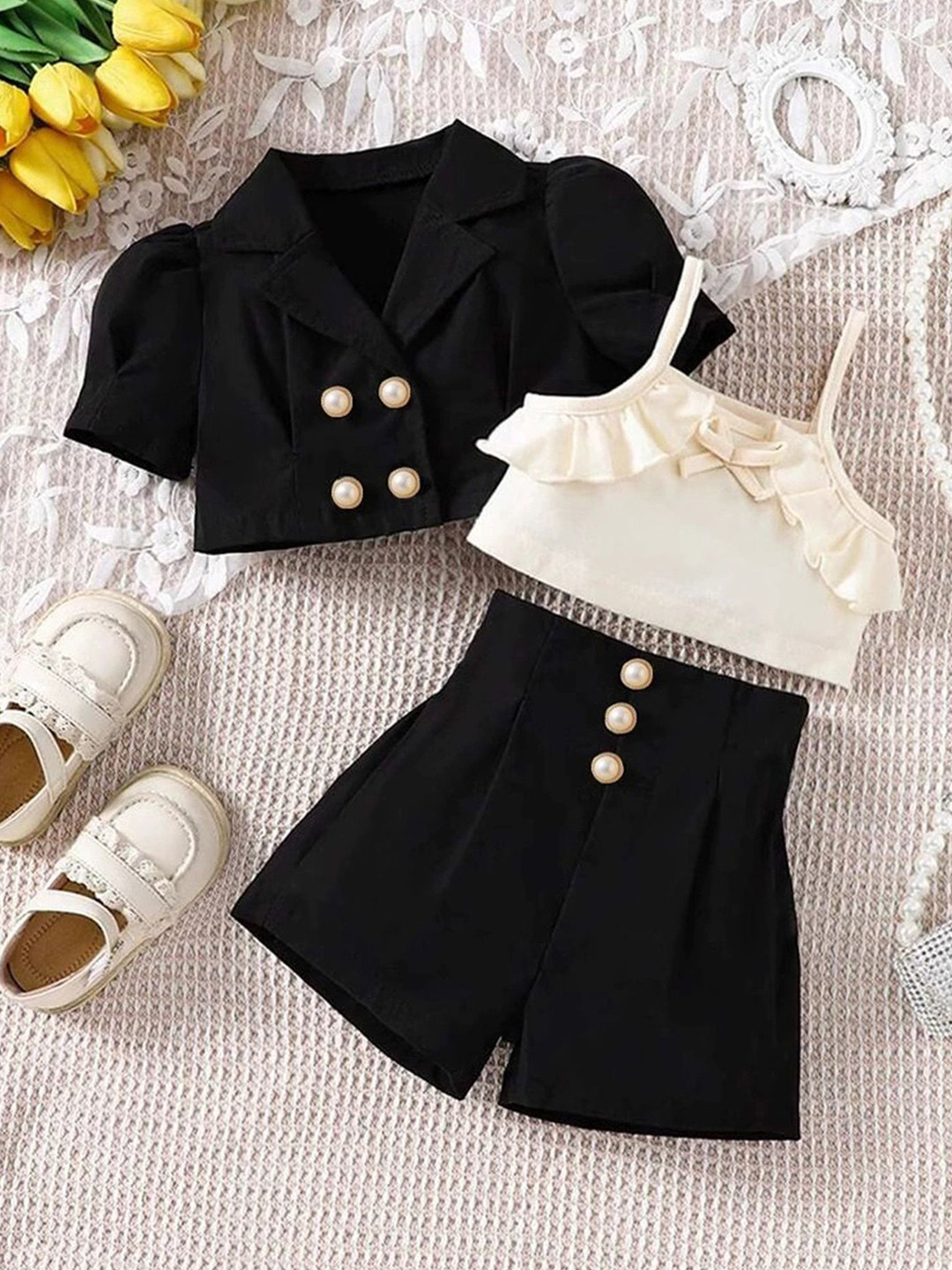 

LULU & SKY Girls Shoulder Straps Top With Shorts And Jacket, Black