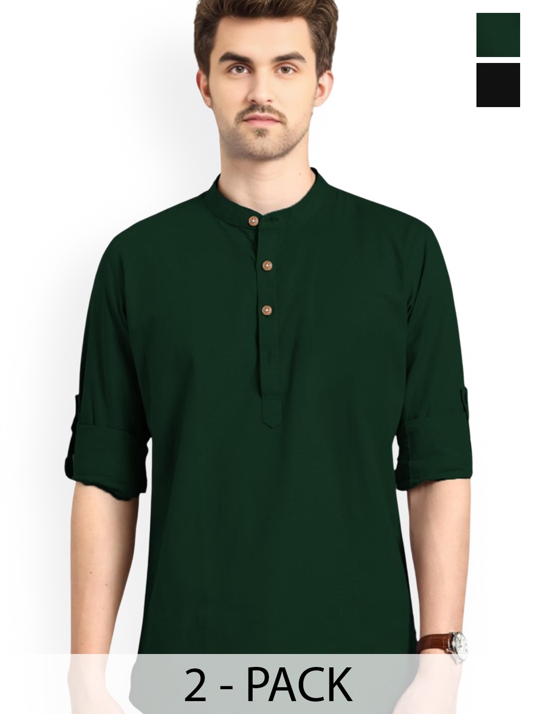 

Vida Loca Selection Of 2 Band Collar Cotton Straight Short Kurtas, Green