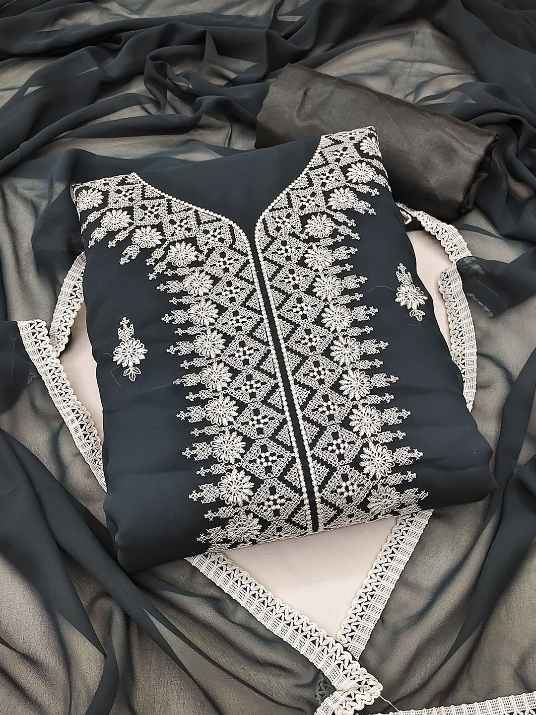 

SAINOOR Floral Embroidered Silk Georgette Unstitched Dress Material, Black