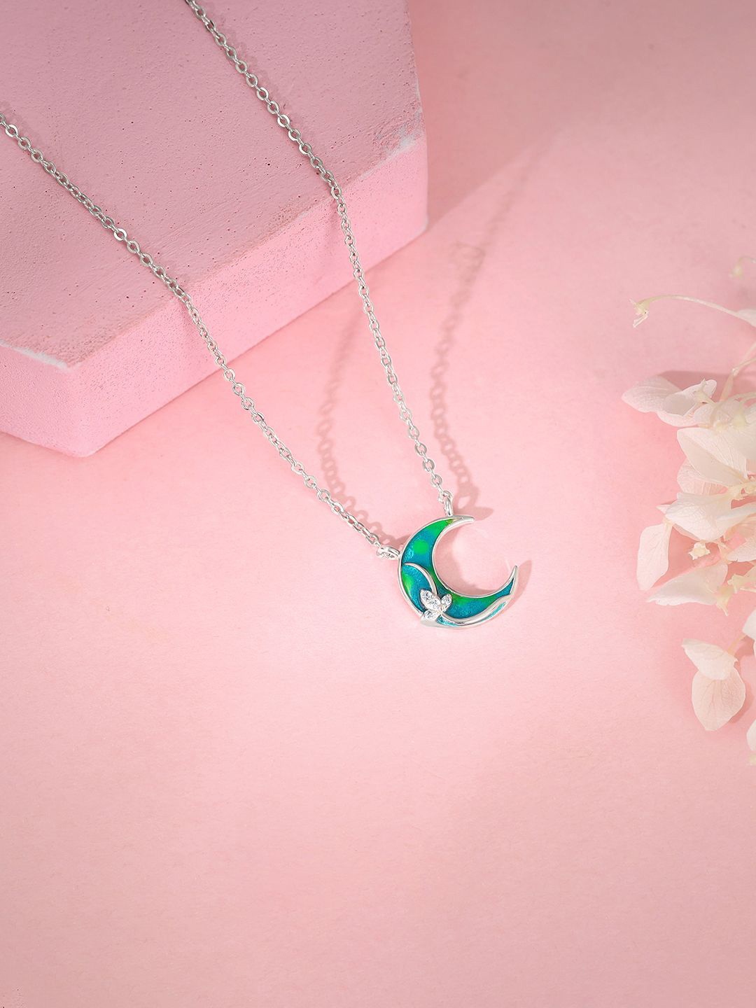 

GIVA 925 Silver Rhodium-Plated Stone Studded Contemporary The Moon Pendant & Chain