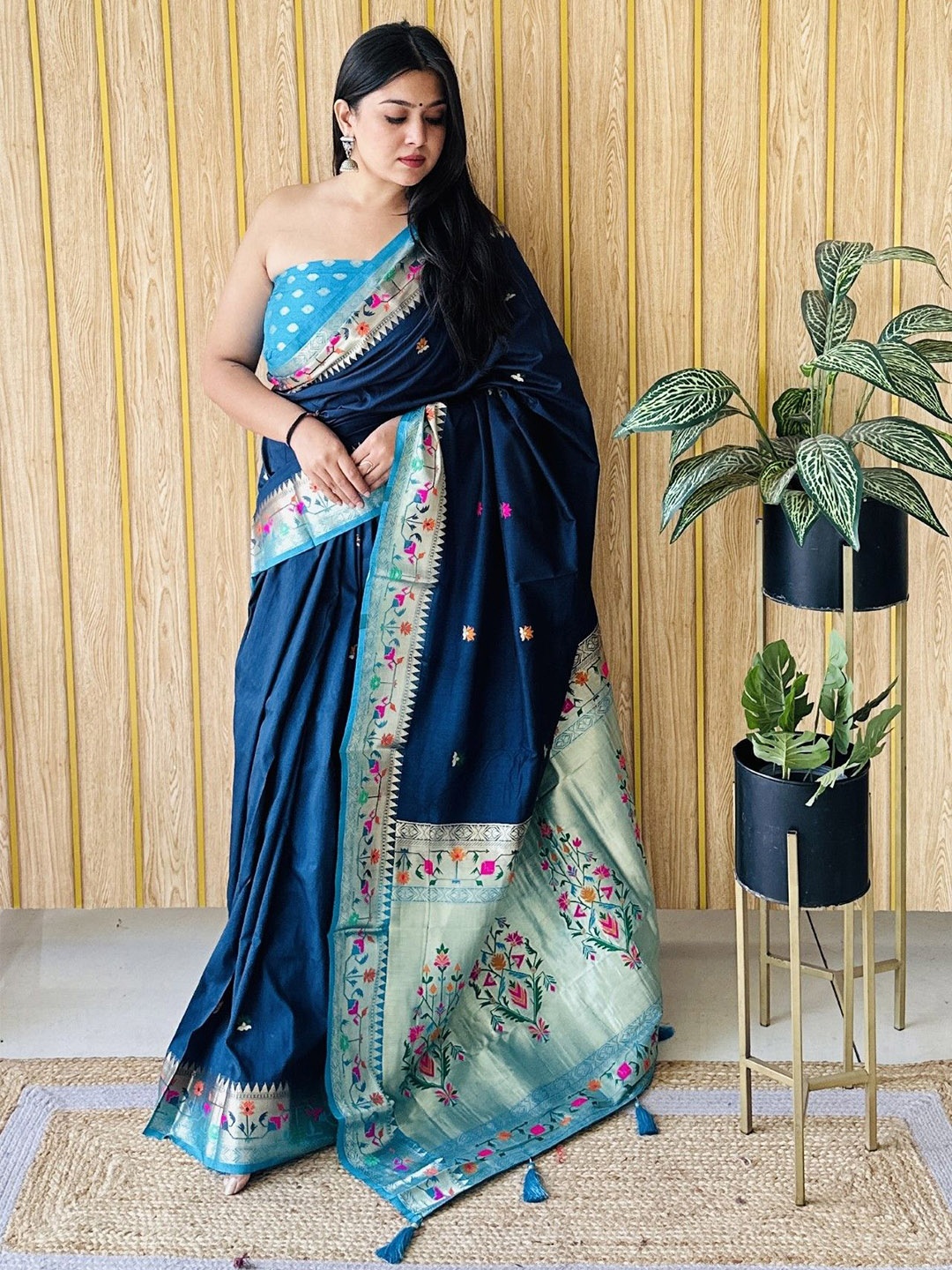 

Moda Rapido Woven Design Zari Silk Blend Paithani Saree, Navy blue