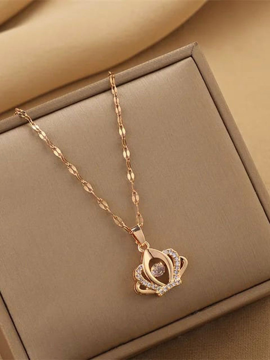 

BEYTER Stainless Steel American Diamond Studded Queen Style Pendant With Chain, Gold