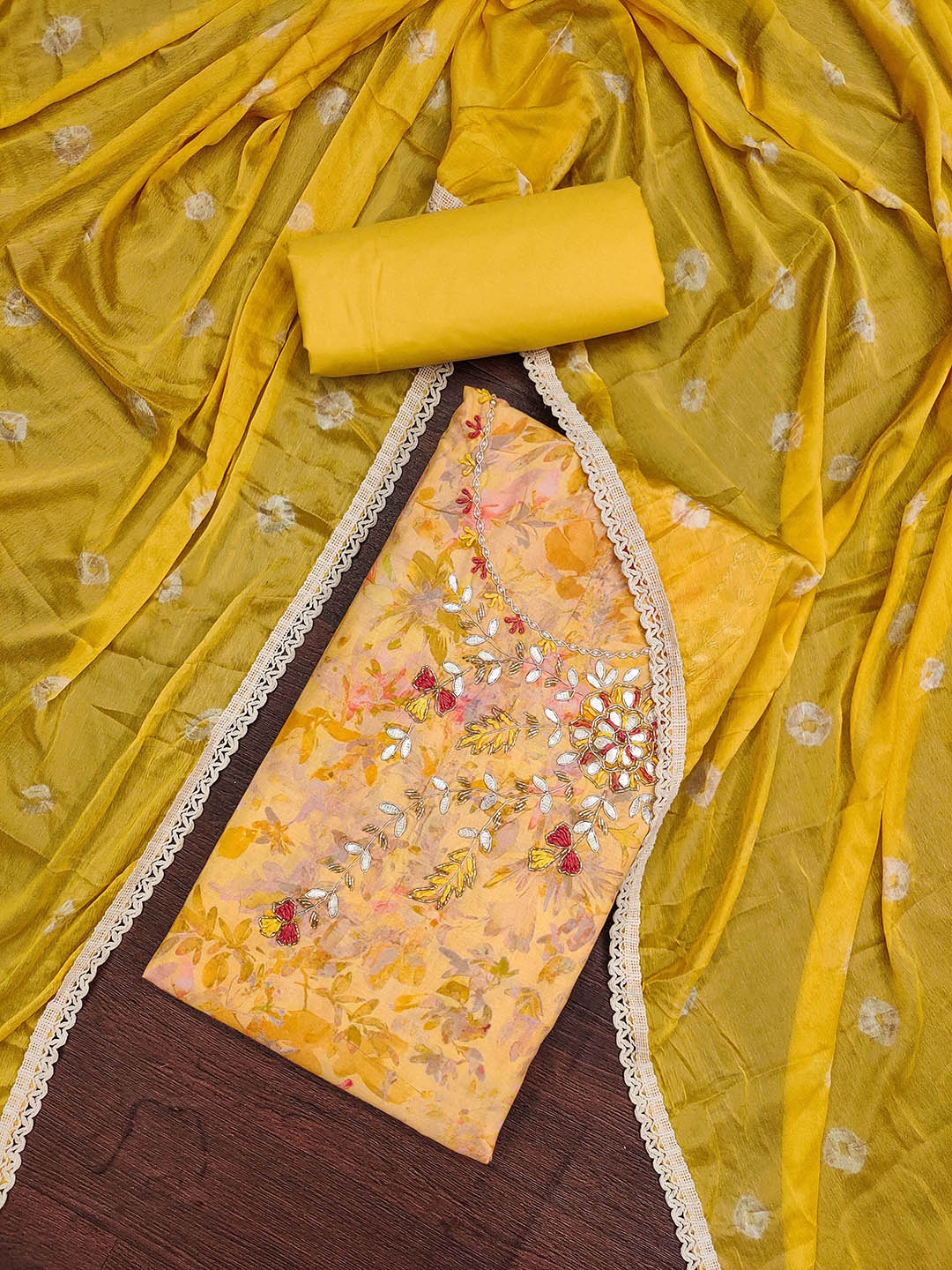 

SAINOOR Beads And Stones Embellished Pure Cotton Semi-Stitched Dress Material, Yellow