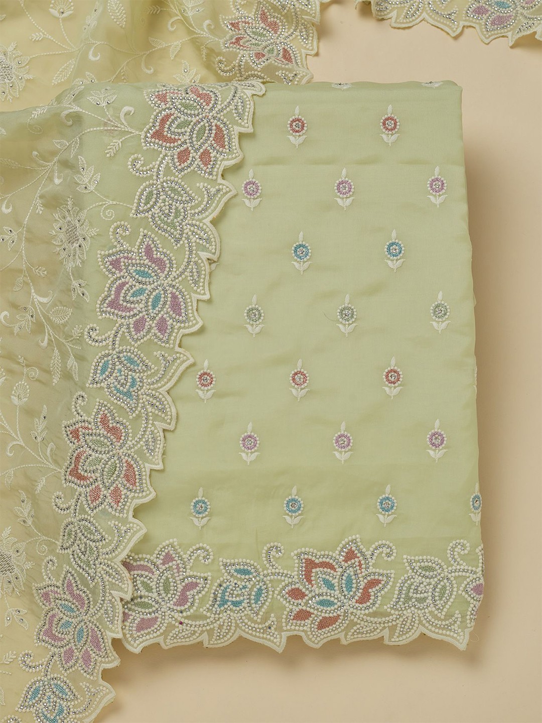

Koskii Ethnic Motifs Embroidered Beads and Stones Organza Unstitched Dress Material, Green