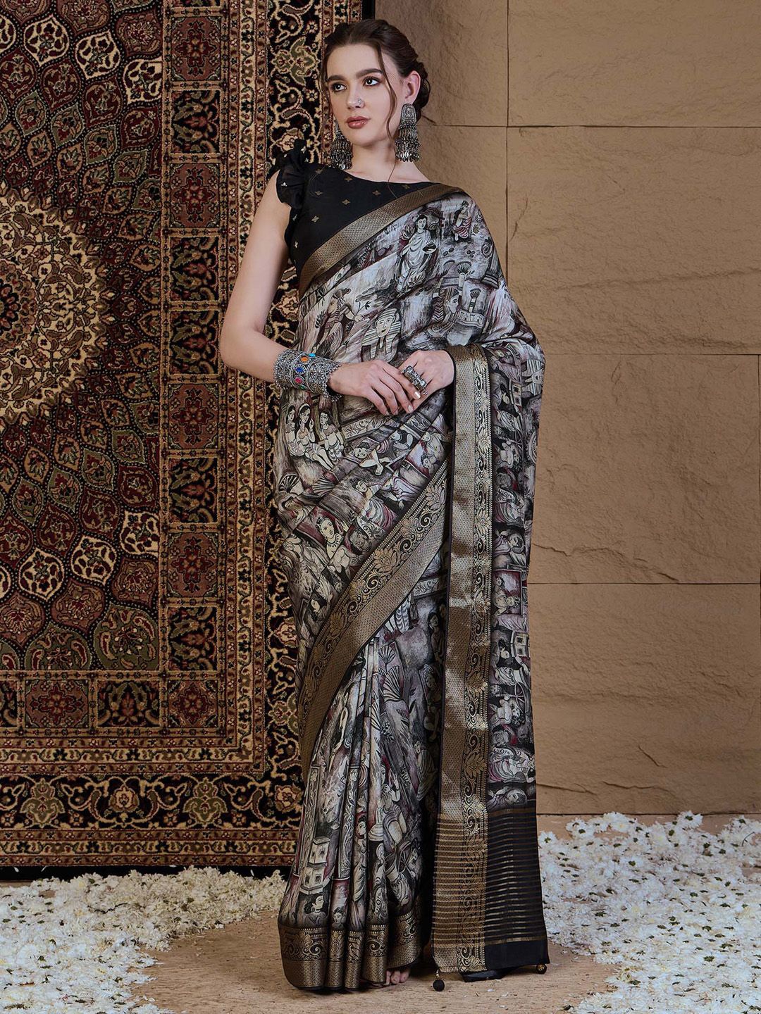 

Anouk Kalamkari Zari Pochampally Saree, Black