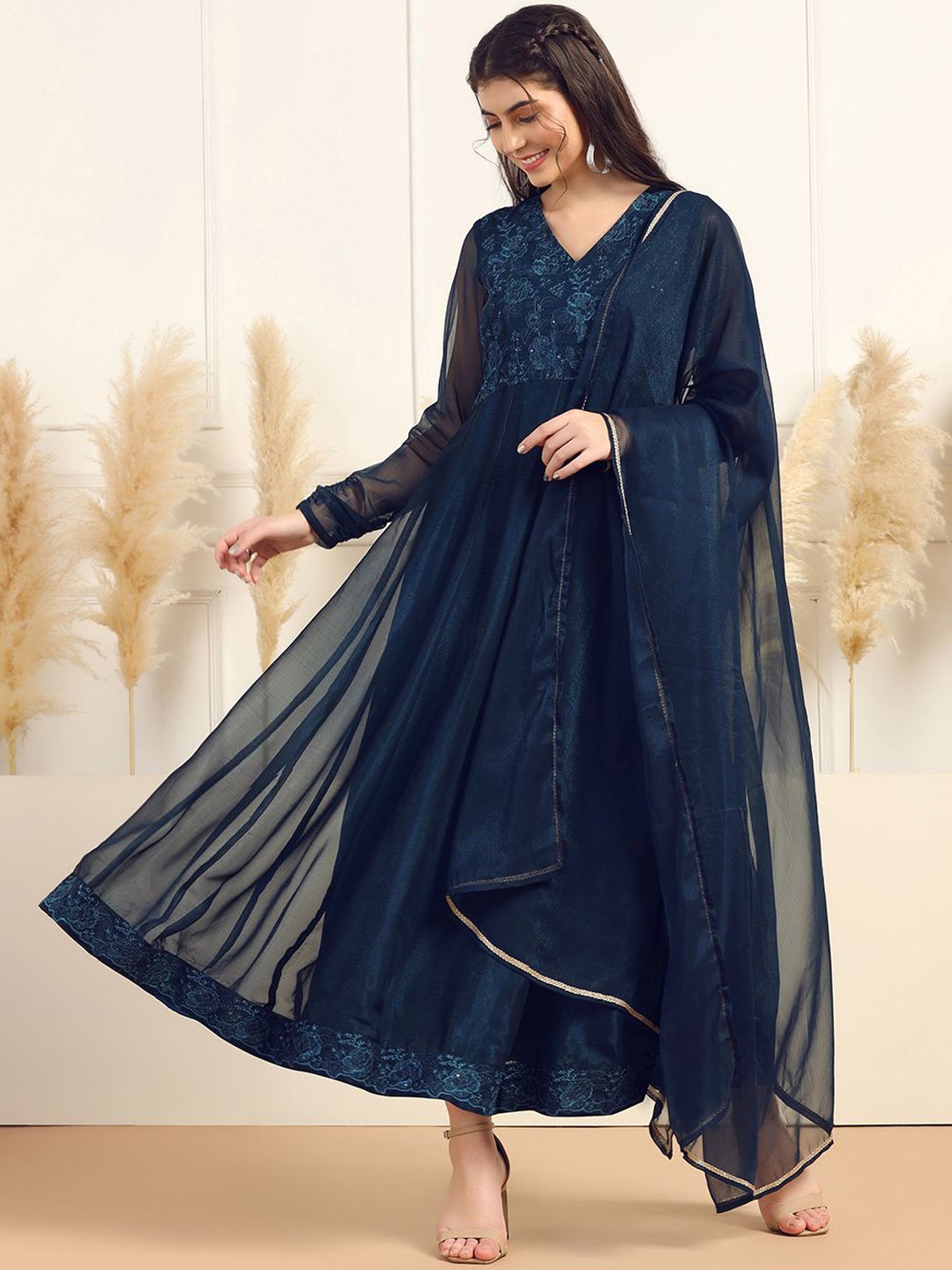 

Sangria Embroidered Anarkali Ethnic Dresses With Dupatta, Teal
