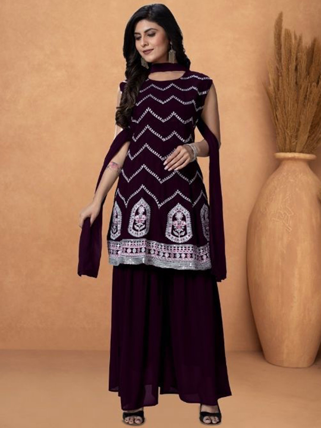 

PARROT CREATION Chevron Embroidered Georgette Straight Kurti With Sharara & Dupatta, Purple