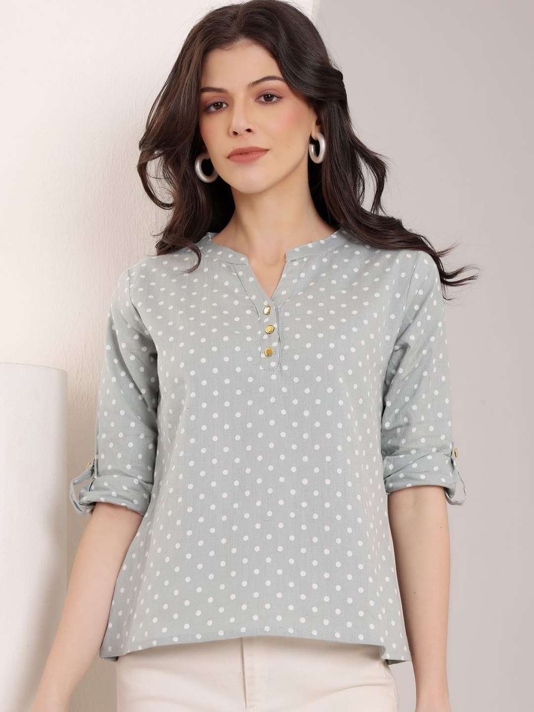 

DressBerry Women Polka Dot Print Mandarin Collar Roll-Up Sleeves Shirt Style Top, Grey