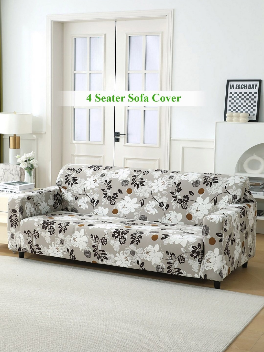 

HOKIPO Grey & White Floral Printed 140 GSM Fully Covered 4 Seater Sofa Cover