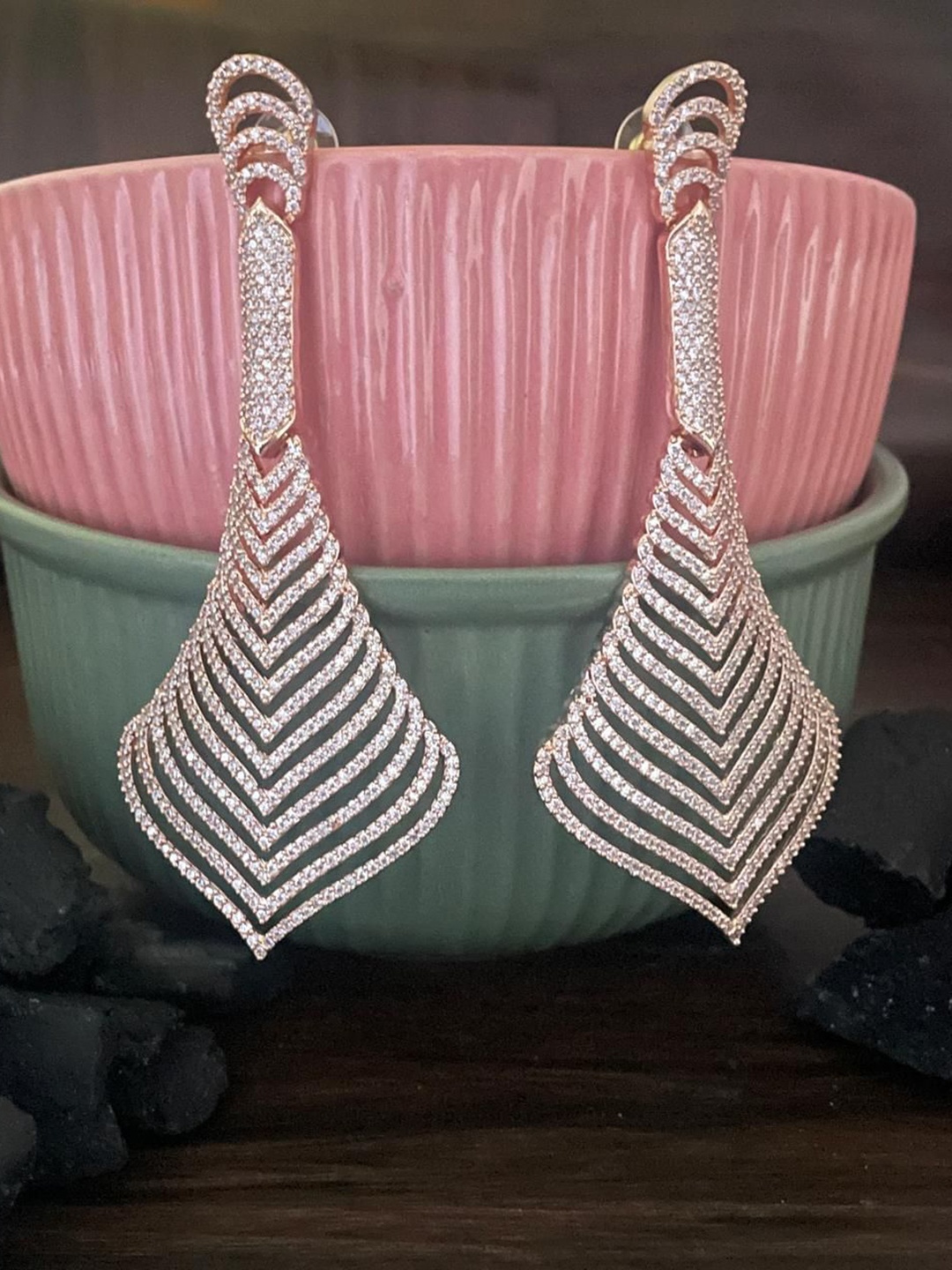 

MONI LIFESTYLE Rose Gold Plated American Diamond Studded Contemporary Shaped Drop Earrings