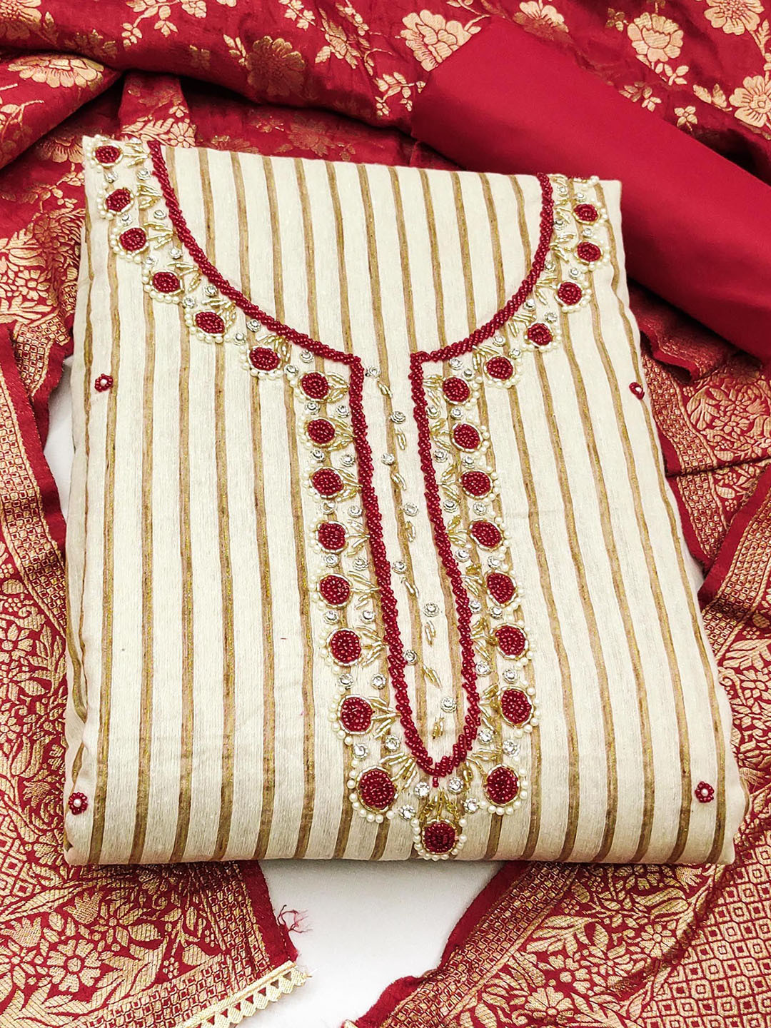 

SAINOOR Floral Beads and Stones Embroidered Pure Cotton Semi-Stitched Dress Material, Beige