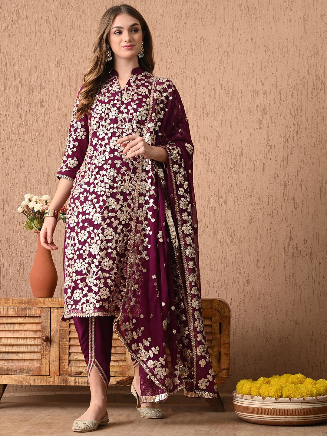 

ZARIKALI Floral Embroidered Mandarin Collar Straight Kurta With Dhoti Pants & Dupatta, Purple