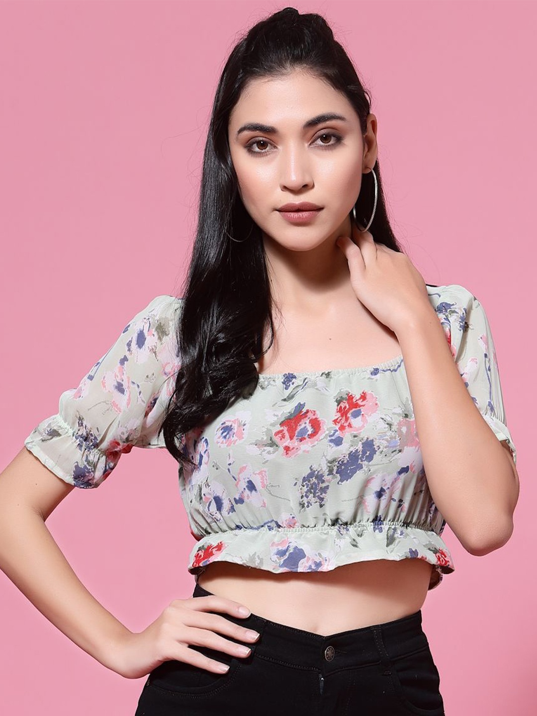 

DressBerry Floral Print Puff Sleeve Ruffles Bardot Crop Top, Green