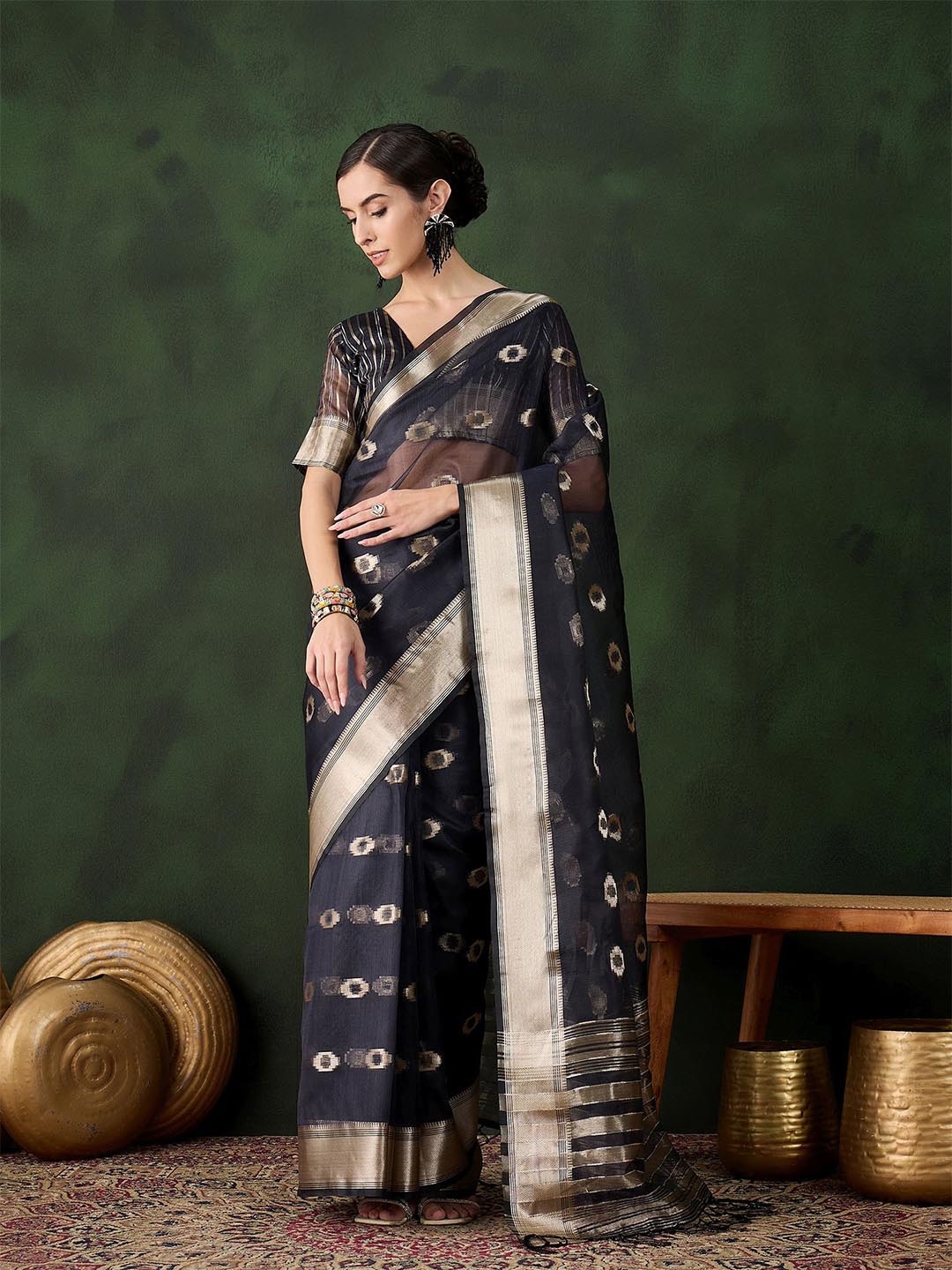 

Maroosh Woven Design Zari Organza Saree, Navy blue