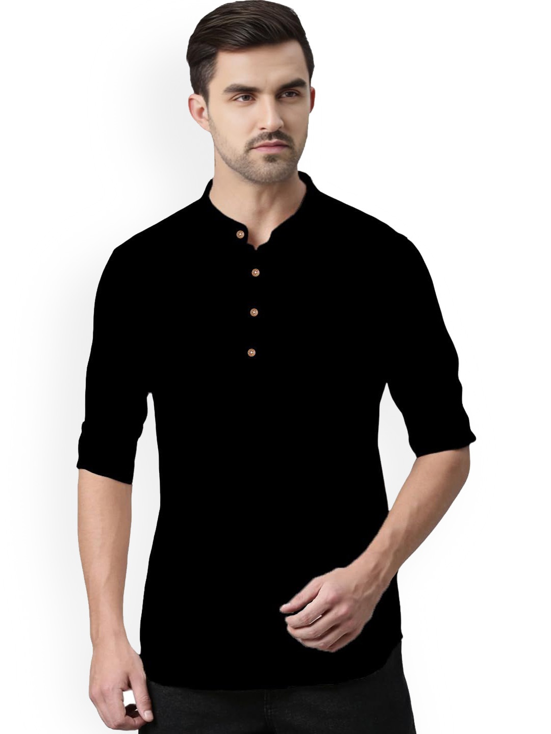 

Vida Loca Band Collar Cotton Slim Fit Straight Short Kurta, Black